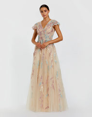 Beige Embroidered Tulle V-Neck Gown