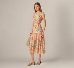 Floral Printed Cutout Drop Waist Midi Dress In Peach Multi