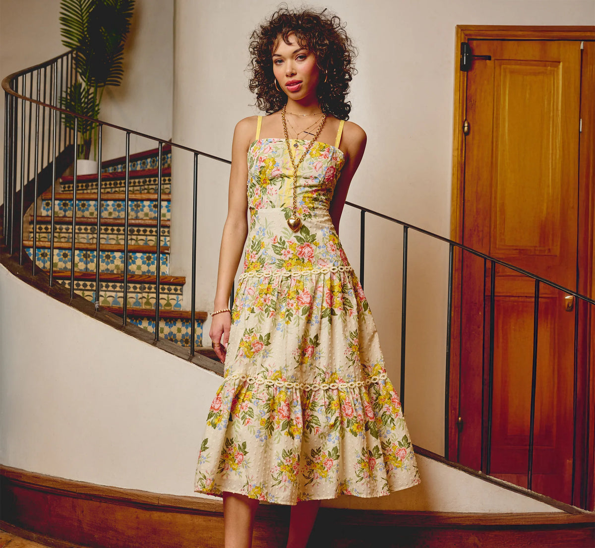 Cotton Vintage Floral Midi Sundress In Pale Yellow