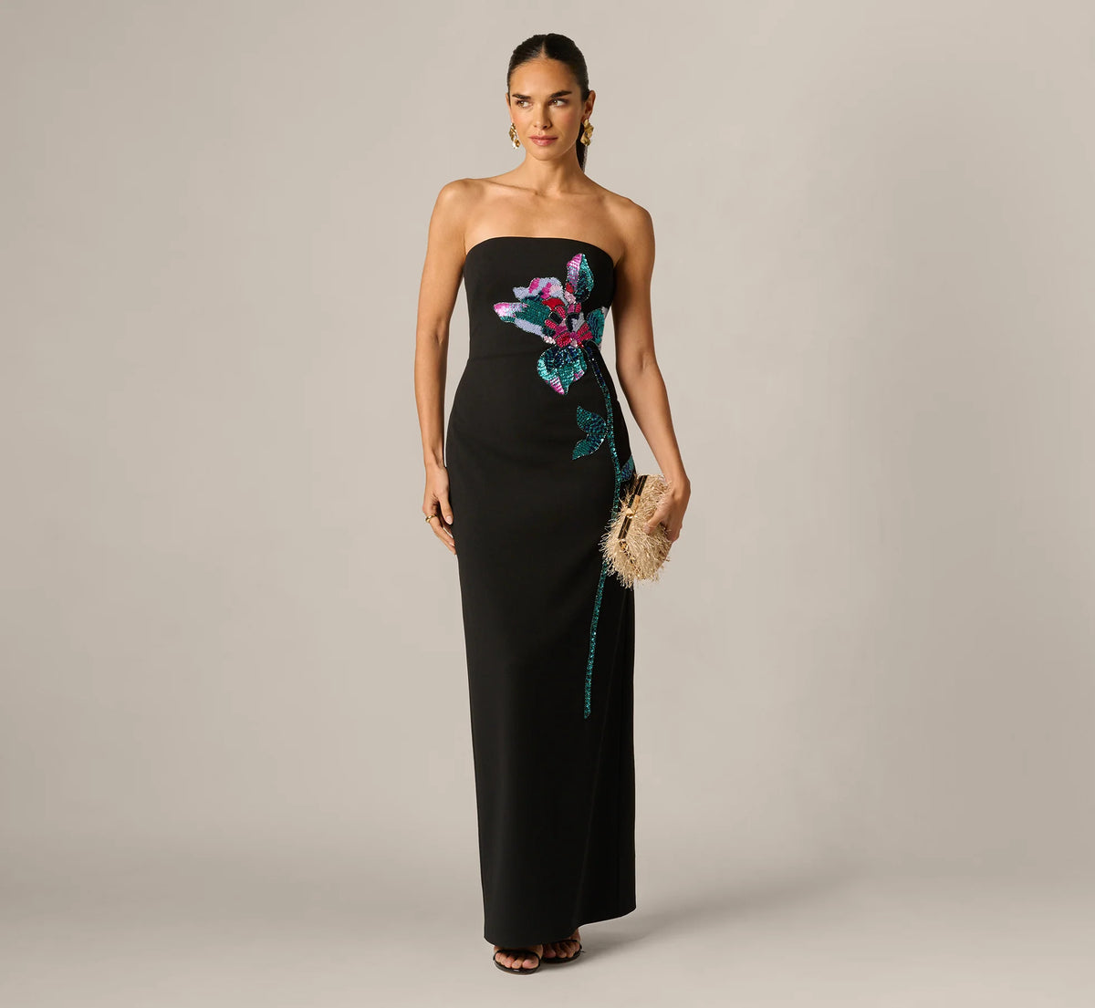 Strapless Beaded Placement Floral Gown In Black Multi