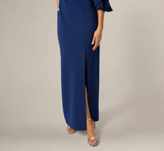 Sculpted Bell Sleeve Column Gown In Navy Sateen