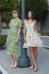Green Floral Midi Dress with Ruffle Detailing