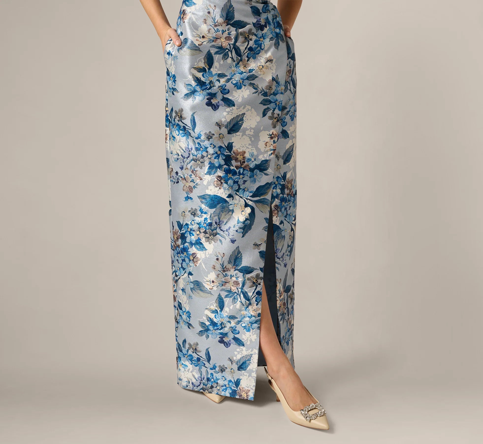 Strapless Pleated Floral Jacquard Wrap Gown In Blue Multi