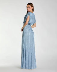 Blue Embellished Blouson V Neck Column Gown