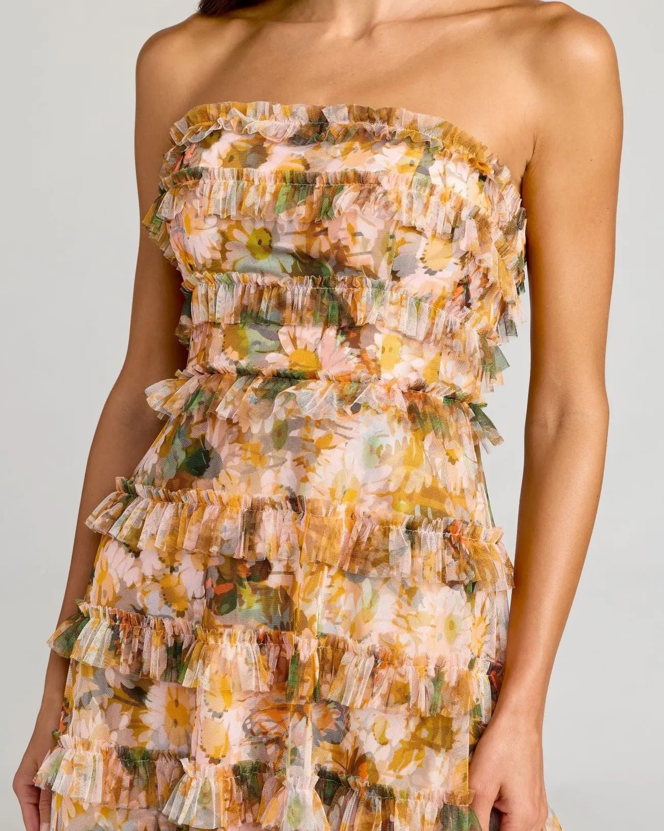 Gold Strapless Floral Micro Ruffle Dress