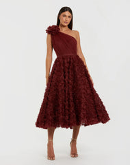 Red One Shoulder 3D Floral Rosette Midi Dress