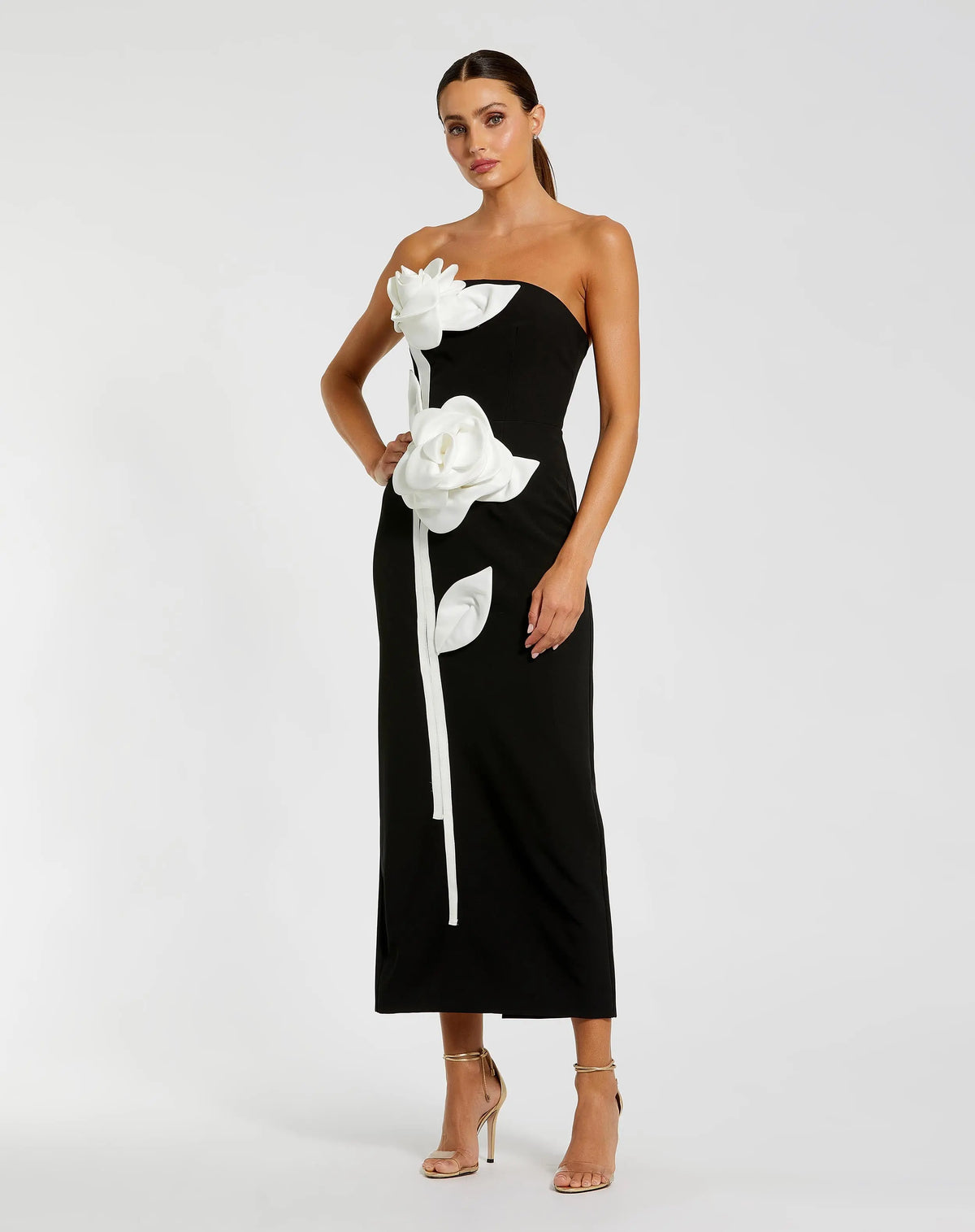 Strapless Crepe Dress With 3D Satin Flowers