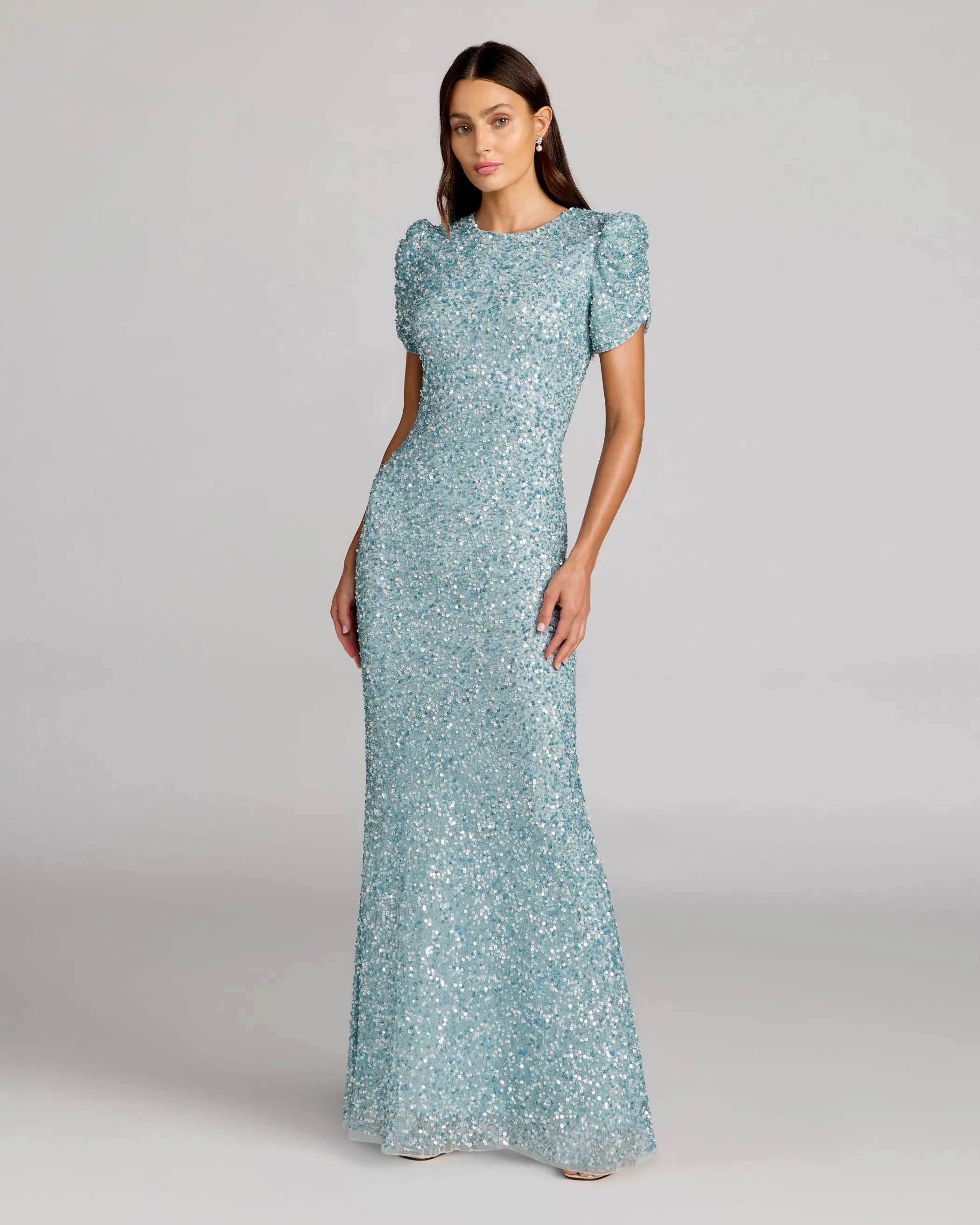 Gathered Short Sleeve Beaded Gown