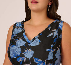 Plus Size Floral Jacquard Short Fit And Flare Dress In Blue Black Multi