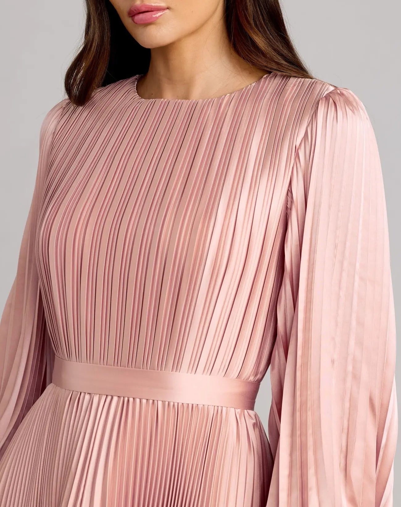 Pink Long Sleeve Pleated Charmeuse Handkerchief Dress