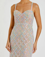 Beige Multicolor Pearl Embellished Bustier Column Gown