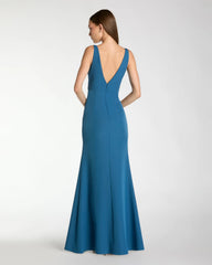 Blue Crepe Sleeveless V Neck Mermaid Gown With Bow