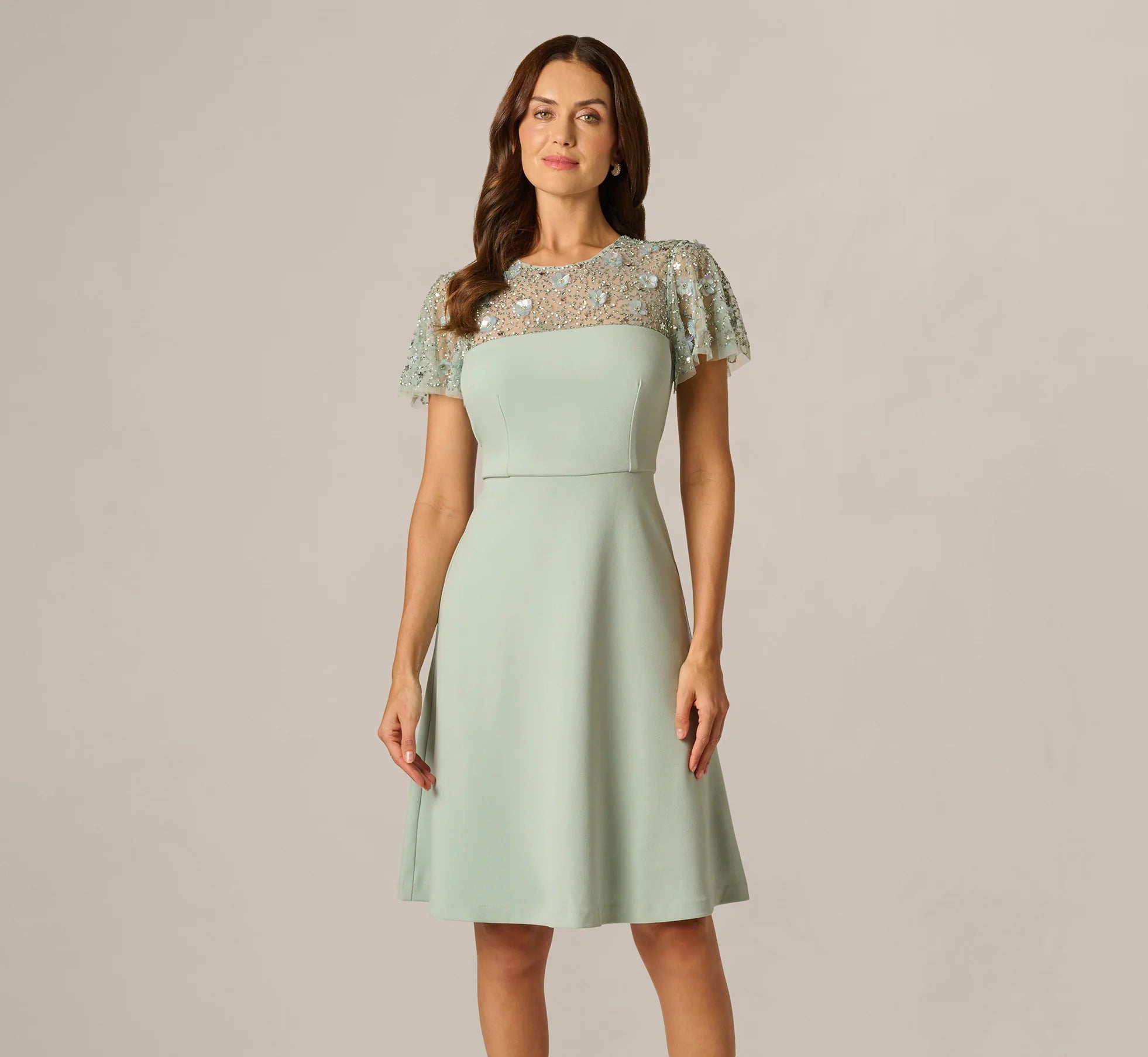 Flutter Sleeve Beaded Illusion Short Dress In Icy Sage