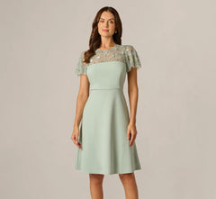 Flutter Sleeve Beaded Illusion Short Dress In Icy Sage
