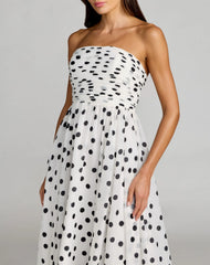 White Polka Dot Strapless Viscose Gown With Slit