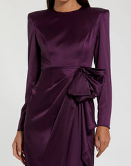 Purple Long Sleeve Structured Bow Draped Column Gown
