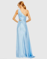 Blue One Shoulder Charmeuse Gown With Beaded Cutout