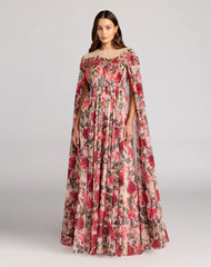 Multicolor Floral Printed Chiffon High Neck Cape Gown
