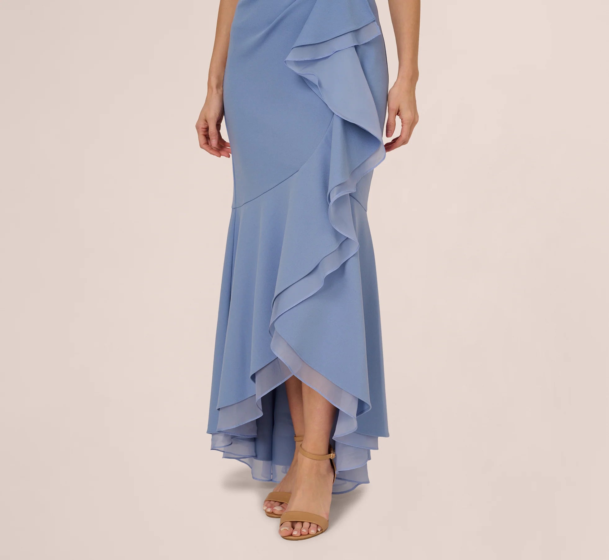 High Low Crepe Halter Gown With Organza Draping In French Blue