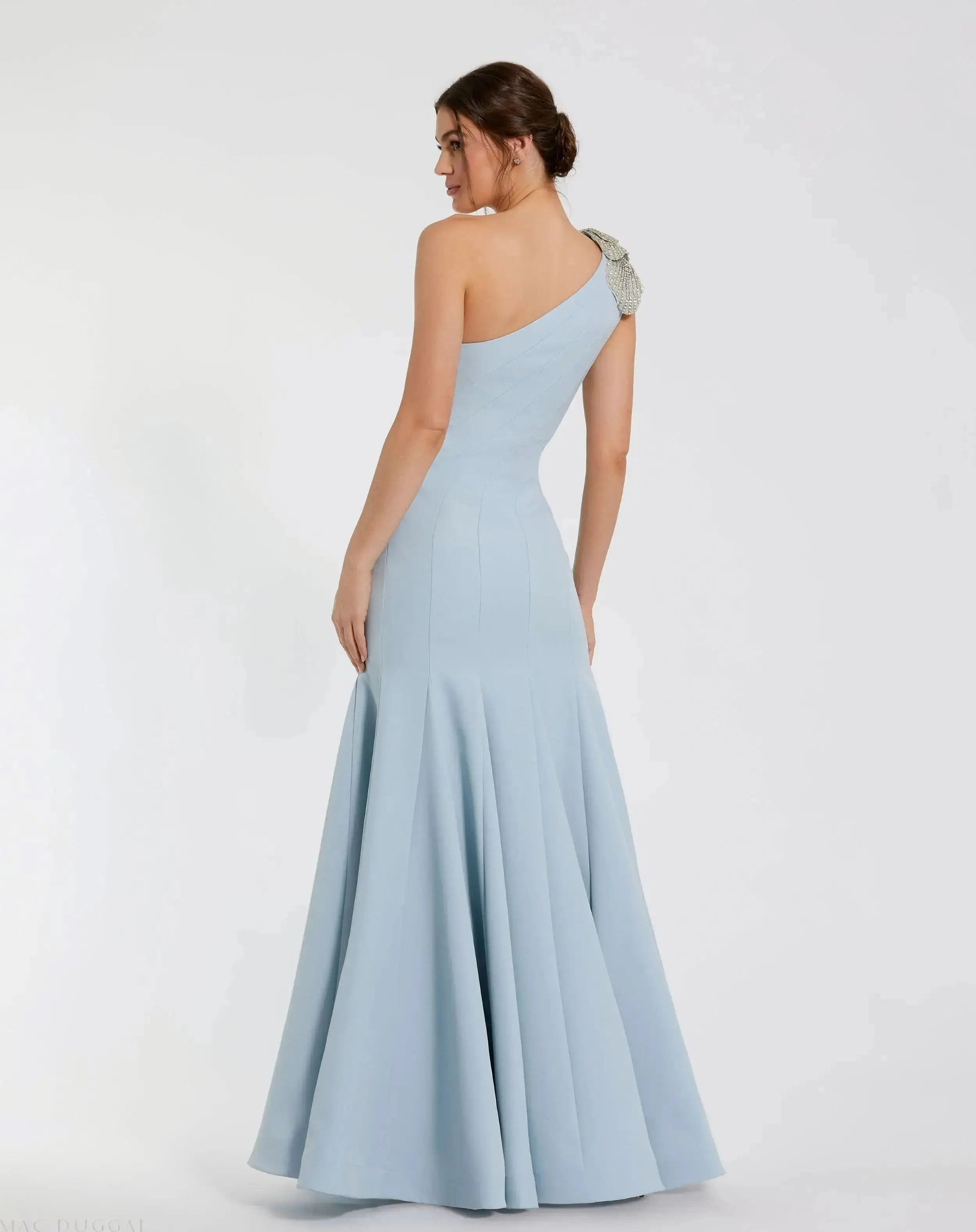 Petite Blue Crepe One Shoulder Mermaid Gown With Flower