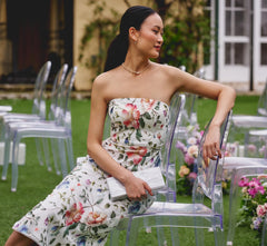 Strapless Floral Beaded Embroidery Midi Dress In Ivory Multi