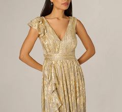 Sleeveless Metallic Crinkle Ruffle Gown In Champagne Gold