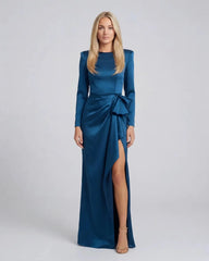 Long Sleeve Structured Satin Bow Draped Column Gown