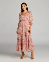 Pink Floral Scoop Neck Midi Dress With 3/4 Sleeves