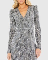 Silver Long Sleeve V Neck Beaded Cocktail Dress