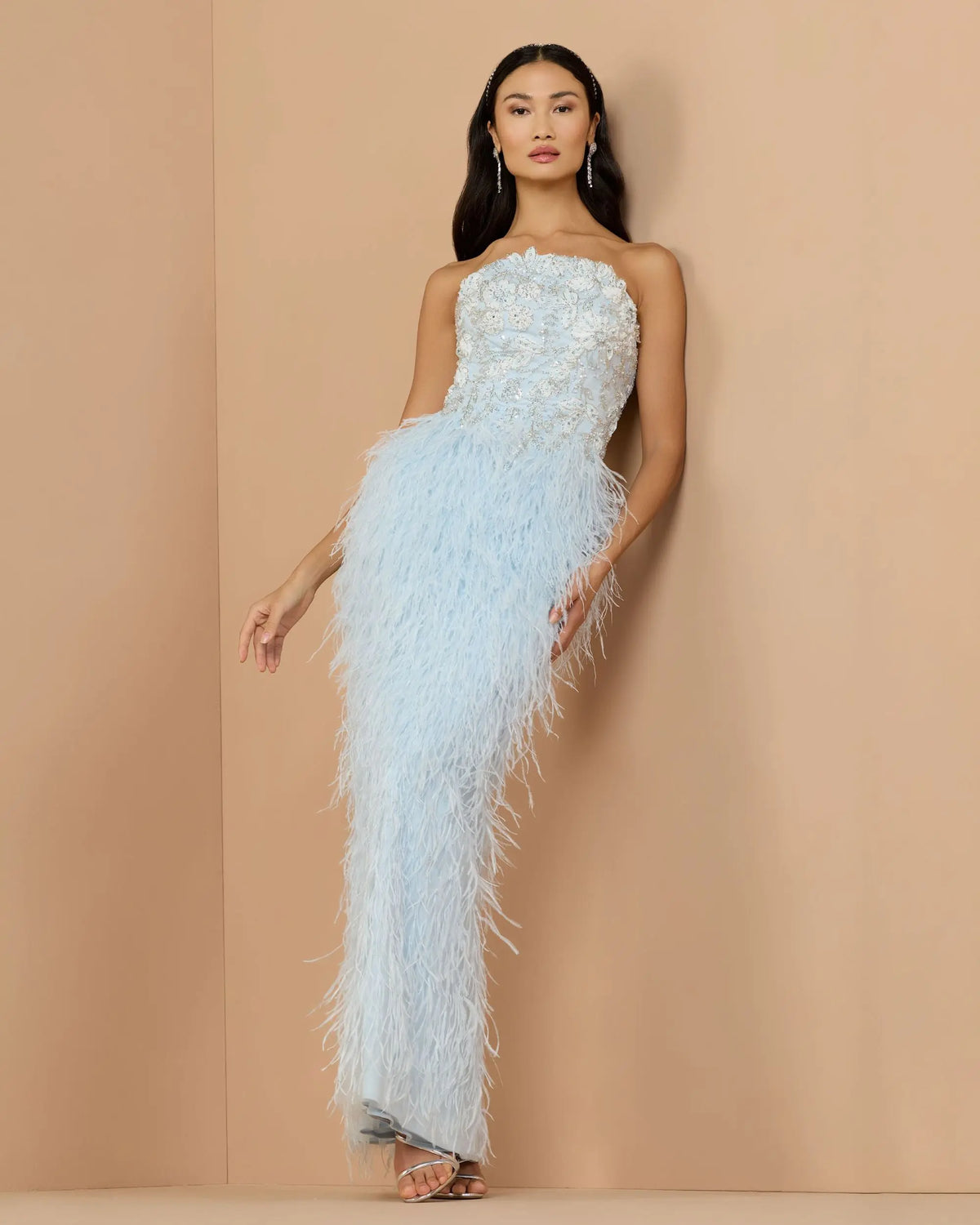Blue Embellished Strapless Feather Gown