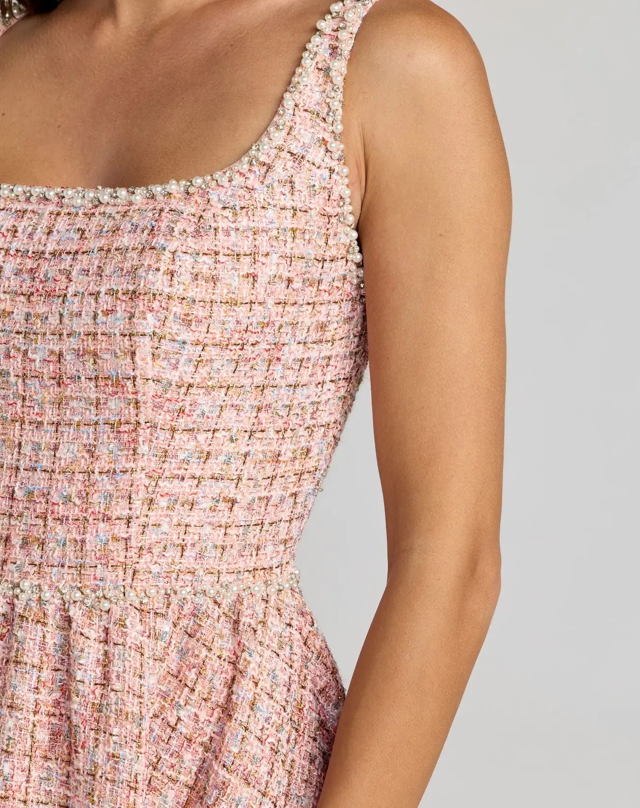 Pink Pearl Embellished Sleeveless Boucle Midi Dress