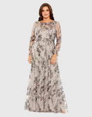 Beige Embroidered Long Sleeve A Line Gown (Plus)