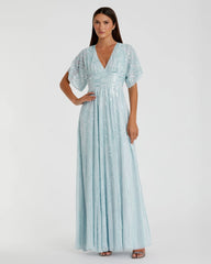 Blue Embellished V Neck Evening Gown