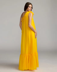 Yellow One Shoulder Chiffon Gown With 3D Rosette