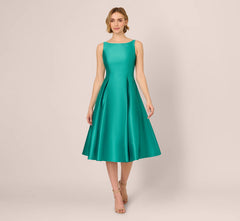 Sleeveless Mikado Fit And Flare Midi Dress With V-Back In Botanic Green