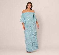 Plus Size Off Shoulder Bell Sleeve Sequin Lace Gown In Airy Aqua