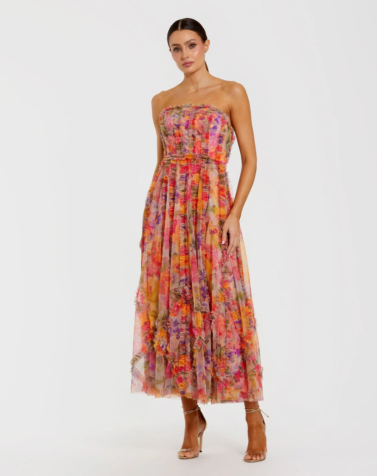 Multicolor Strapless Floral Ruffle Dress