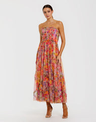 Multicolor Strapless Floral Ruffle Dress
