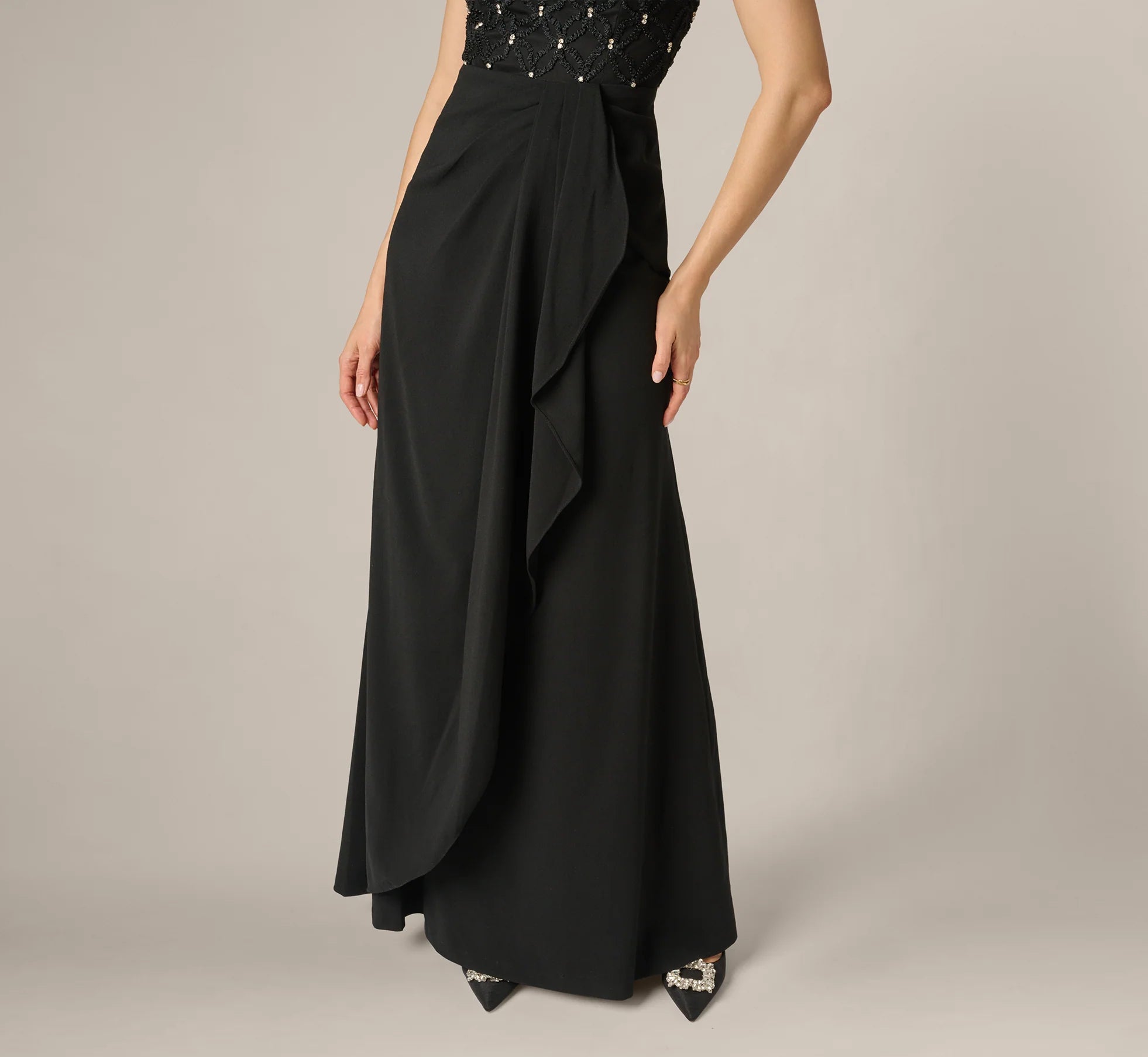 Draped Crepe Beaded Combo Gown In Black