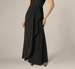 Draped Crepe Beaded Combo Gown In Black