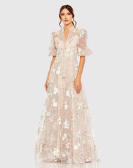 Petite Pink Queen Anne Puff Sleeve A-Line Gown