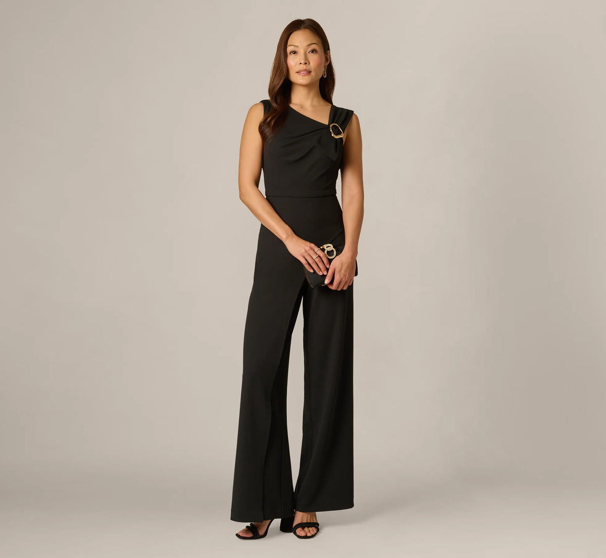 Buckle Shoulder Overlay Stretch Jumpsuit In Black