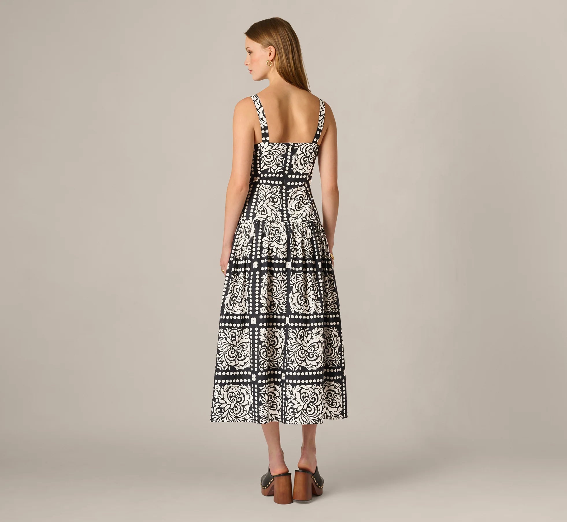 Drop Waist Cotton Tile Print Midi Sundress In Black Ivory
