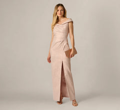 Off Shoulder Draped Stretch Jacquard Gown In Blush