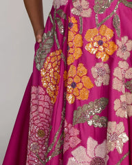 Hot Pink Strapless Floral Embellished Midi Dress