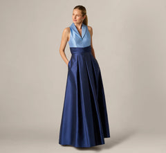 Sleeveless Color Block Tuxedo Ballgown In Icy Topaz Navy