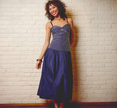 Drop Waist Chevron Cotton Midi Sundress In Navy Ivory