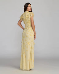 Yellow Floral Embellished High Neck Flutter Sleeve Gown