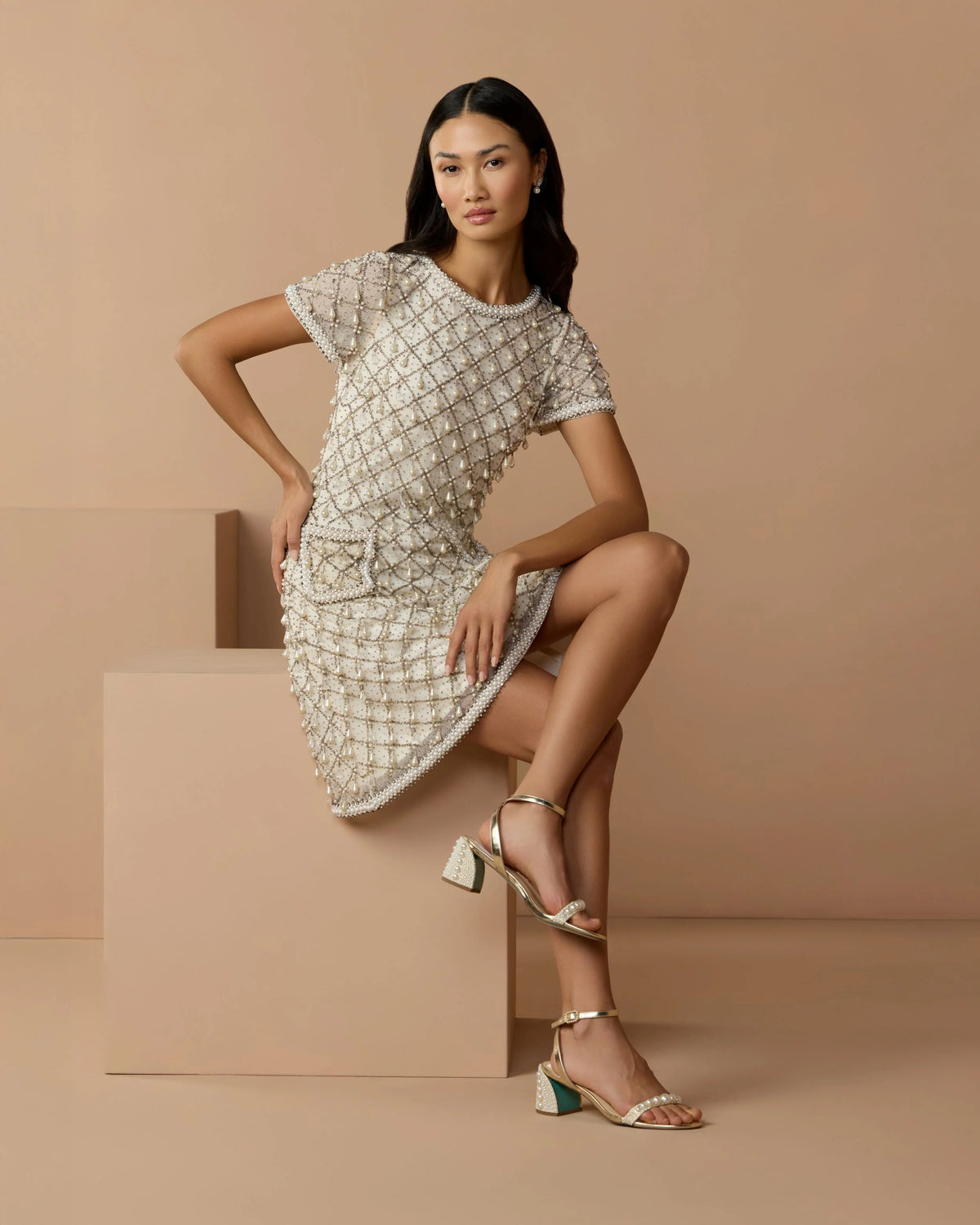 Ivory Pearl Embellished Short Sleeve Mini Dress