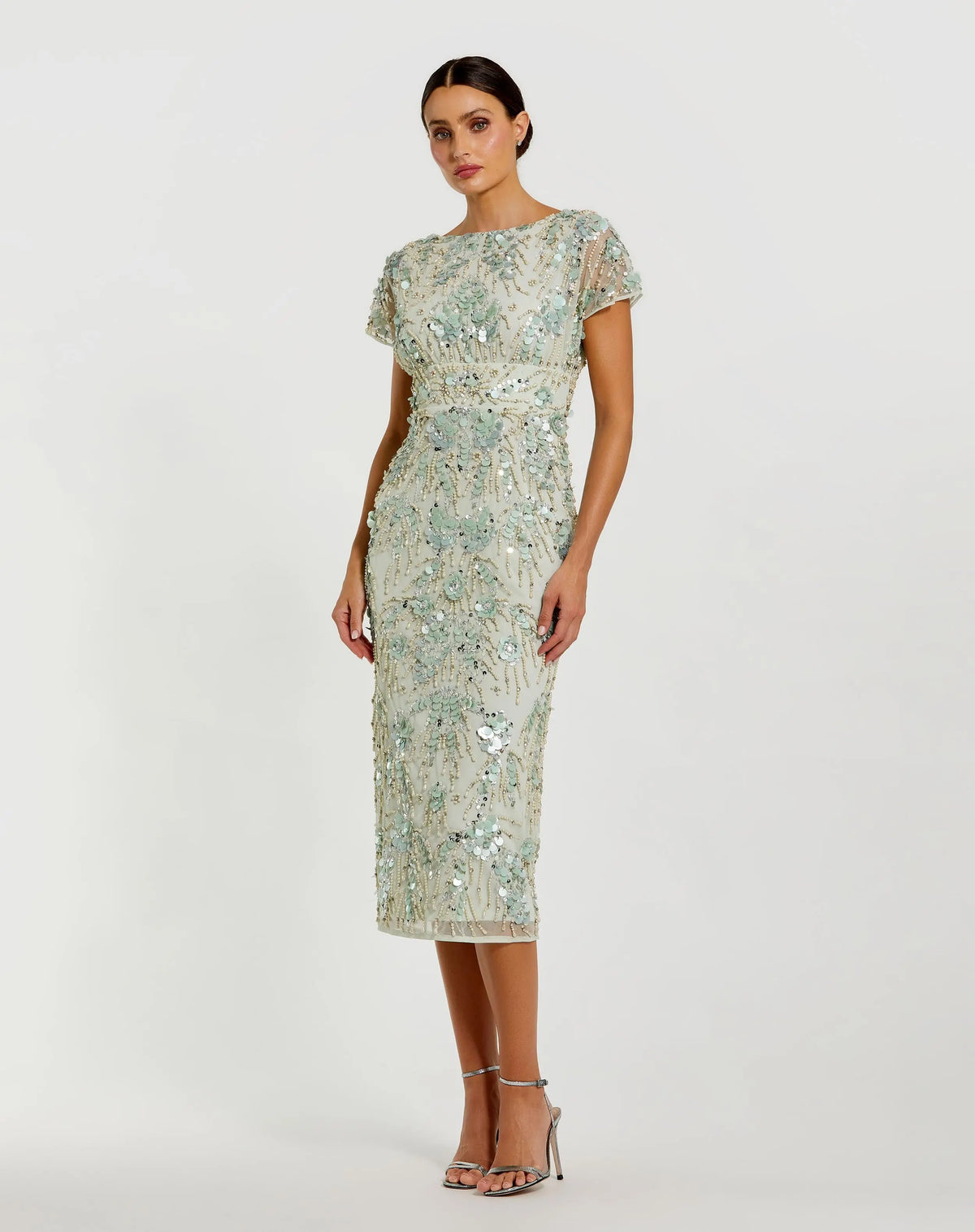 Green Embellished Cap Sleeve Midi Dress
